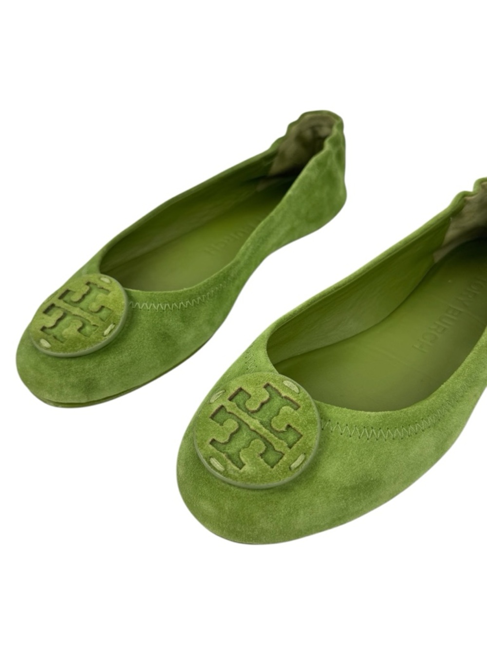 Tory Burch Minnie Travel Ballet Flats Green Suede Tonal Logo Size 7 Leather logo - Picture 13 of 15